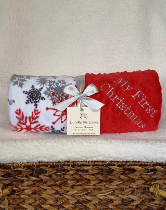 Baby Girl Christmas Blanket Embroidered Minky Red White and