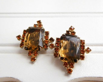 Vintage Juliana Style Topaz Amber Orange Rhinestone Clip On Earrings UU9