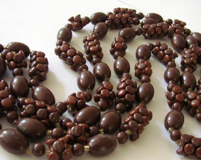 Vintage Retro Flapper Length Brown Lucite Bead Necklace Jewelry Jewellery