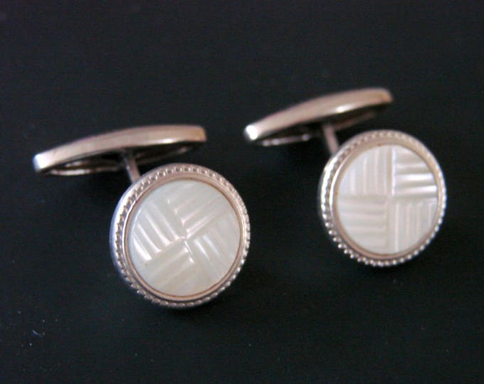 Art Deco Hand Carved Mother of Pearl Silver Cufflinks Mens Jewelry Suit Accessories Wedding