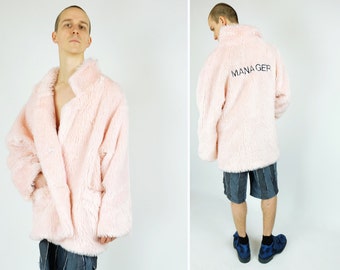 90s Pastel Pink Faux Fur Coat /Jacket Back Embroidery "MANAGER"