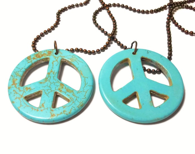 Turquoise peace symbol pendant, faux howlite necklace, your choice or take both, share with friend, industrial chic, bronze ball chain