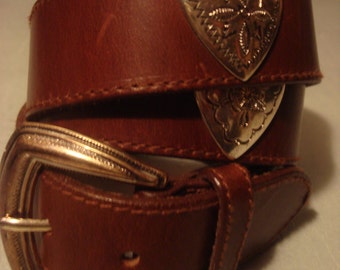 Vintage Boho Fossil Distressed Smooth Brown Concho Belt with Silver Ornate Heart Detail