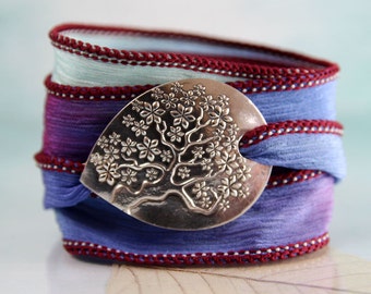 Tree-of-Life Bracelet with Handmade Silver Slide - Silk Cuff