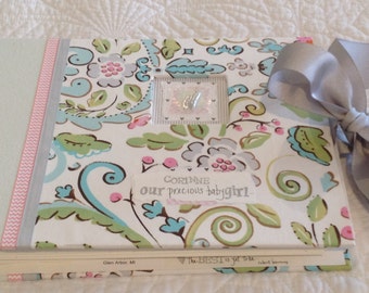 BABY BOOK, GIRL Baby Memory Book. "Corinne" Sweet new baby print fabric and creamy mint green paper. Photo book, baby's monthly progress.