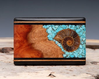 Exotic Wood, Turquoise and Ammonite Fossil Inlaid Belt Buckle - Handmade