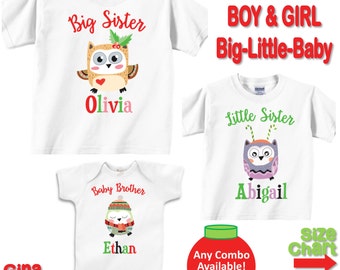 Personalized Christmas Brother Sister Owl Shirts Baby Bodysuits Big Little Baby Brother and Sister Shirts - Choose any Quantity
