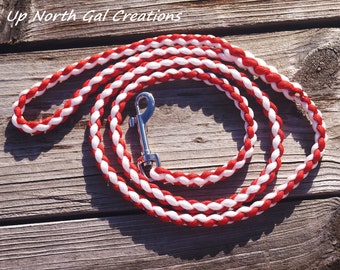 Red and White Dog Leash, Paracord Pet Lead, Round Braid Leash, Custom order Pet Supplies, Made in Michigan, New Puppy, Bug Out, Yooper