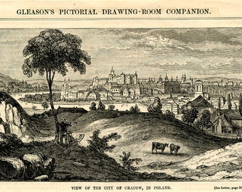 Cracow: 1854, Antique Wood Engraving, Lovely View of Cracow, Poland, Great Condition