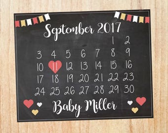 Calendar Pregnancy Announcement Sign. Due Date New Baby Chalkboard. month heart. Calendar Maternity Photo Shoot Prop