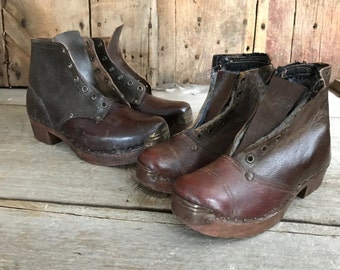 French Wood Leather Clog Boots, Hand Crafted, Hand Nailed, French Farmhouse, 2 Sizes Available