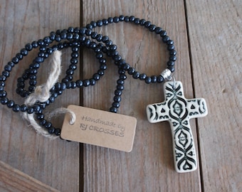 Black ceramic cross necklace with black wooden beads