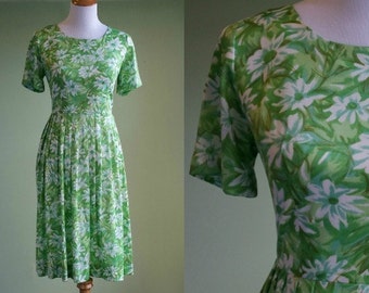 1950s Silky Floral Print Dress - Sy Frankl 50s Dress - Medium / Large - Vintage Day Dress