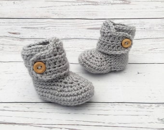 crochet baby booties | gender neutral baby bootees | unisex baby shoes | grey baby button boots | baby shower gift