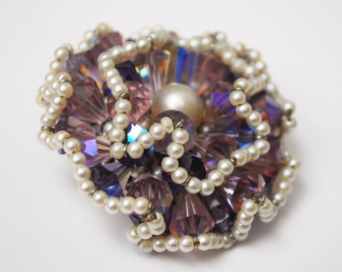 Vendome Brooch - Purple Crystal Rhinestone - faux pearl seed Bead - signed - Floral Atomic - Aurora borealis - Cluster bead pin