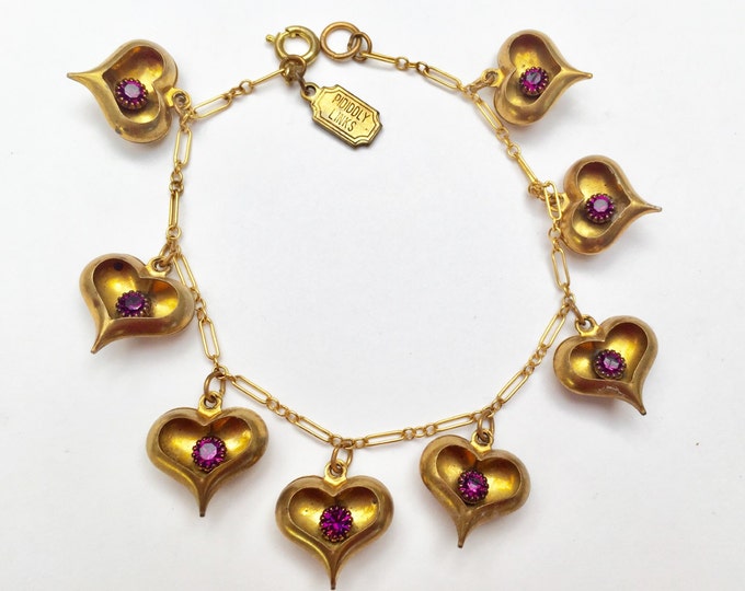 Gold heart Charm Bracelet - Signed Pididdly links -Purple rhinestone -Gold plated link bangle
