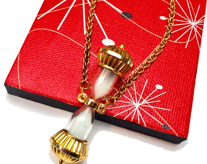 Hourglass Necklace - - gold white - sand timer - vintage hour glass pendant