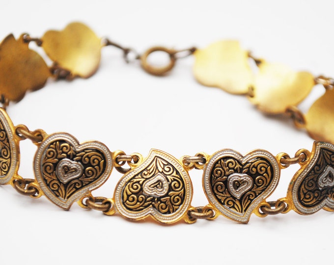 Damascene Heart Link Bracelet - Golden brass Black fwhite enamel - bangle