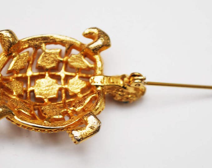 Turtle Brooch - Signed KJL - Rhinestone - Gold - Kennith Jay Lane - figurine pin