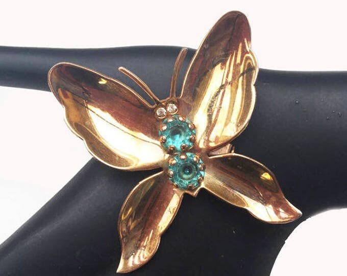 Butterfly Brooch - Blue Rhinestone - Gold plated metal - Insect figurine pin