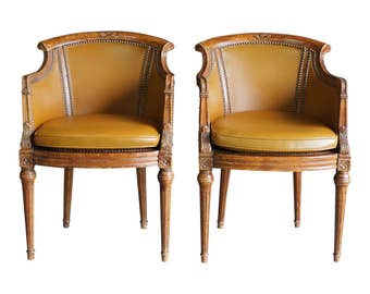 French Regency Chair / Leather Chair / Vintage Chair / Accent Chair / French Carved Frame Leather Chair by Century Chair ~ Pair