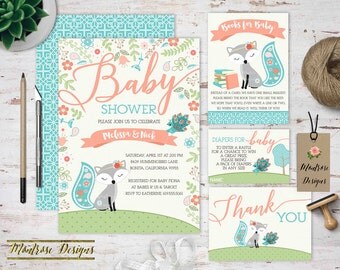 Baby Fox and Peacock Baby Shower Invitation, Fox Baby Shower Bundle, Thank You, Diaper Raffle Ticket, Book Request, Teal, Coral DIGITAL FILE