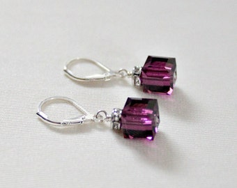 February Birthstone,Earrings,February Birthday,For Her,For Woman,For Mom,Swarovski,Cube,Silver,Purple,Bridesmaid,Prom,Jewelry,Sister Gift