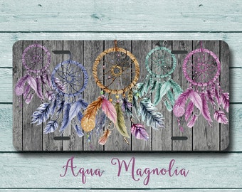 Dream Catchers - Multi Colors - Boho Chic - Weathered Wood - Vintage - License Plate - Aluminum - Car Tag - Feathers