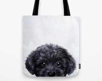 Black toy poodle, Tote bag, original painting print, illustration on both side