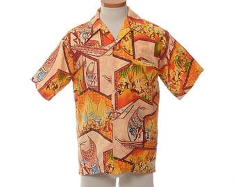 Vintage 70s Barefoot In Paradise Hawaiian Camp Shirt 1970s Polynesian Tribal Warriors Boats Tiki Party Hawaii Luau Aloha Shirt / Mens S