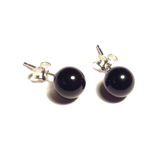 Black Onyx Ball Stud Earrings with Sterling Silver by LAAALAAAland