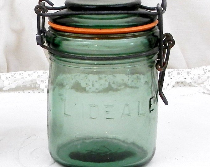 1 Antique French Green Glass Canning Jar L'IDEALE 1/2 Liter / 1 Pint, French Country Decor, Mason Jar, Preserve, Jar, Green Bottle, Jam,