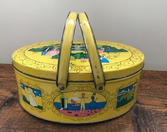 Vintage Yellow Oval Metal Handled Tin, Tin Biscuit Box by Saul Stein Associates 1952, Yellow Tin with Victorian Scenes, Cookie Tin