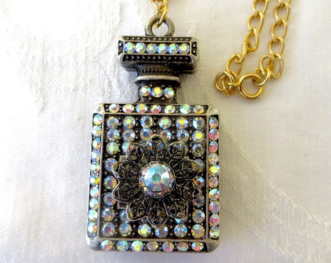 Vintage Perfume Bottle Necklace, Aurora Borealis Rhinestone and Filigree Metal , 24" chain