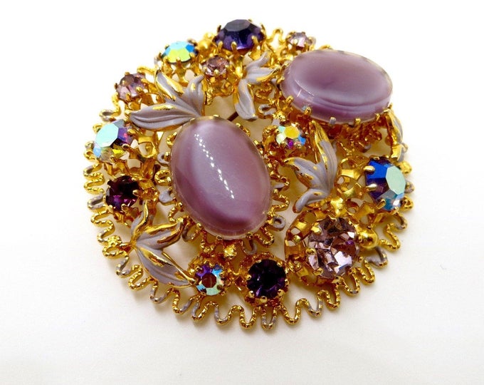 Vintage Givre Glass Rhinestone Brooch, Filigree Rhinestone Pin, Made In Austria Lavender Givre Glass, Enamel Leaves