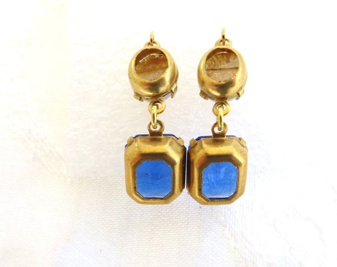 Czech Glass Earrings, Fire Opal & Cobalt Glass Dangle, Drop Earrings, Pierced Ears