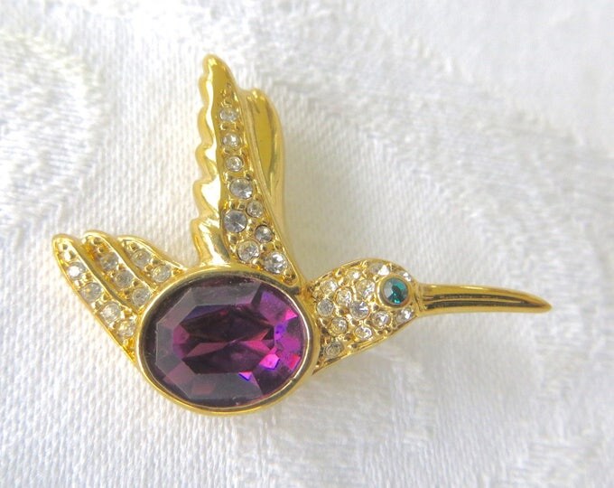 Vintage Hummingbird Brooch, Amethyst Belly, Rhinestone Accents, Bird Pin, Bird Jewelry