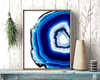 Blue Agate Poster, Blue Geode Art, Agate Slice, Agate Crystal Print, Mineral Photography, Yoga Lover Gift, Meditation Art Yoga Studio Decor