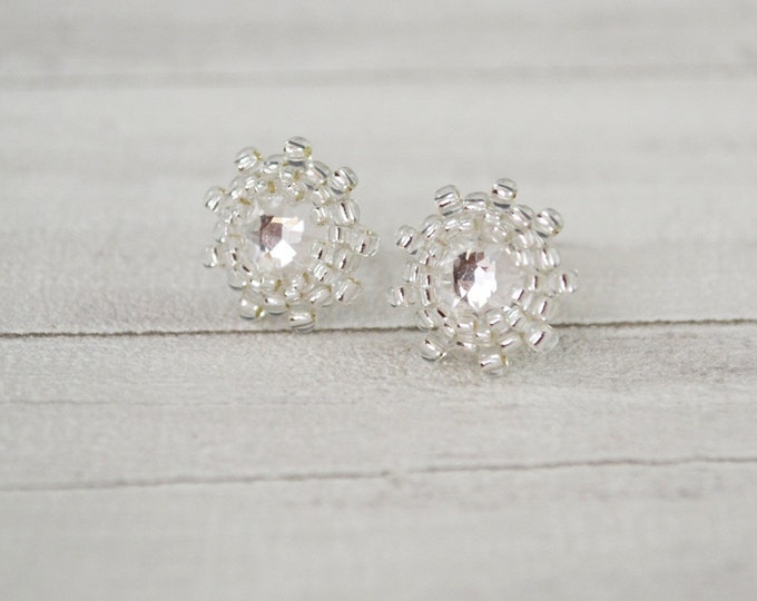 Thumbnails white crystal silver swarovski effect ab small earrings silver earrings cute earrings seed beads earrings small valentine gift