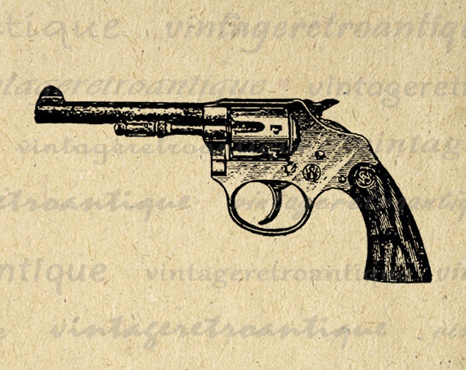 Revolver Gun Digital Image Graphic Illustration Download Printable Vintage Clip Art Jpg Png Eps HQ 300dpi No.1657