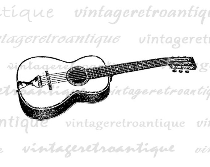 Digital Acoustic Guitar Image Printable Music Download Illustration Graphic Antique Clip Art Jpg Png Eps HQ 300dpi No.1165