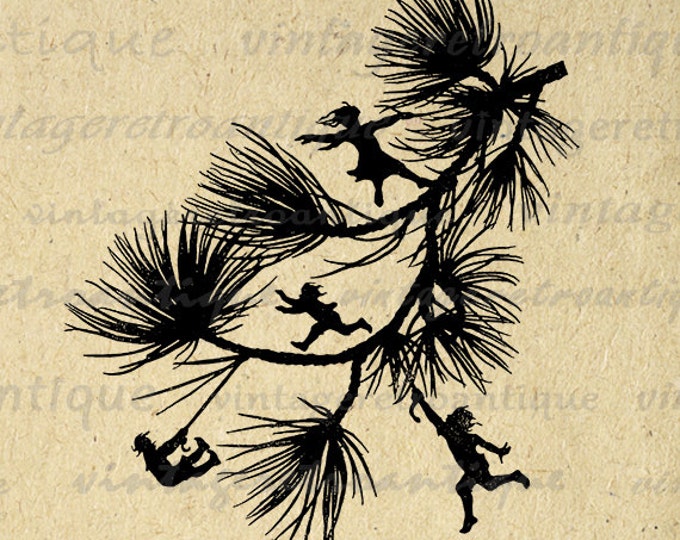 Printable Image Fairies Dancing on Branch Silhouette Digital Download Graphic Antique Clip Art Jpg Png Eps HQ 300dpi No.2179