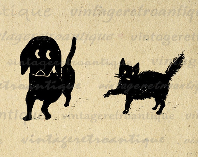 Cat and Dog Printable Graphic Download Illustrated Digital Image Vintage Clip Art Jpg Png Eps HQ 300dpi No.3419