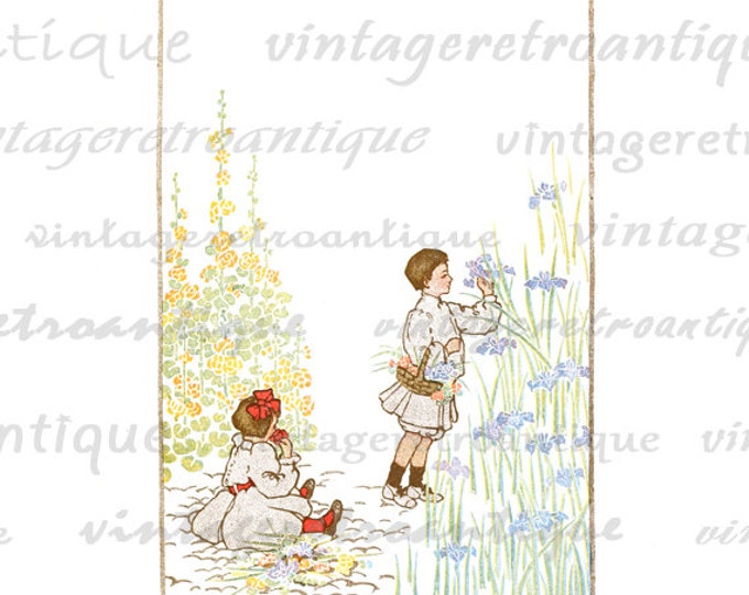 Printable Graphic Children with Flowers Digital Color Flower Artwork Image Download HQ 300dpi No.1765