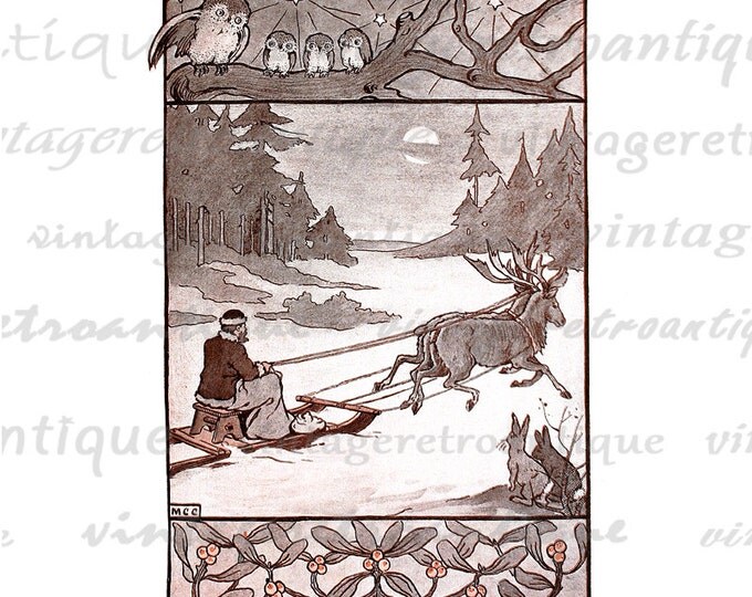 Digital Printable Reindeer and Sleigh Download Graphic Color Chistmas Winter Illustration Image Artwork Vintage Clip Art HQ 300dpi No.2386