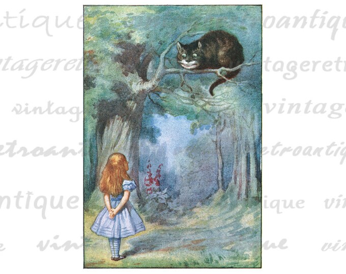 Alice Speaking to the Cheshire Cat Alice in Wonderland Digital Image Clipart Antique Vintage Art Download Color Artwork Jpg Png HQ No.2821