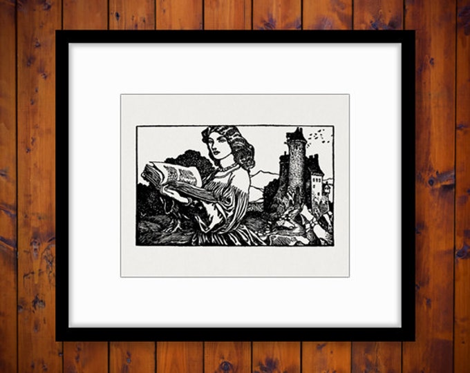 Medieval Lady with Book and Castle Graphic Digital Image Download Printable Vintage Clip Art Jpg Png Eps HQ 300dpi No.2836