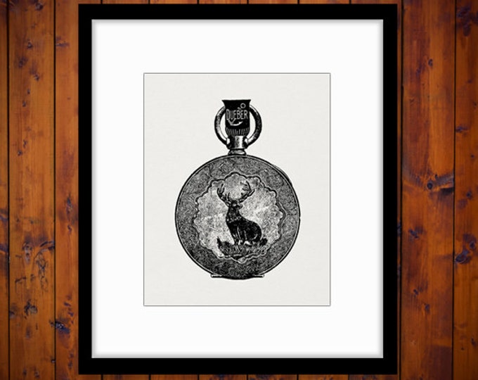 Digital Deer Pocket Watch Image Download Engraved Printable Illustration Graphic Vintage Clip Art Jpg Png Eps HQ 300dpi No.1448