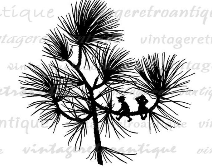 Printable Digital Elves on Tree Branch Image Fairies Download Graphic Vintage Clip Art for Transfers Making Prints etc HQ 300dpi No.2211