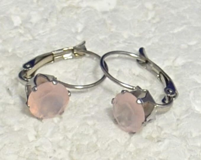 Rose Quartz Leverback Earrings, 8mm Round, Natural, Set in Stainless Steel 6 Prong Leverback Mountings E1050